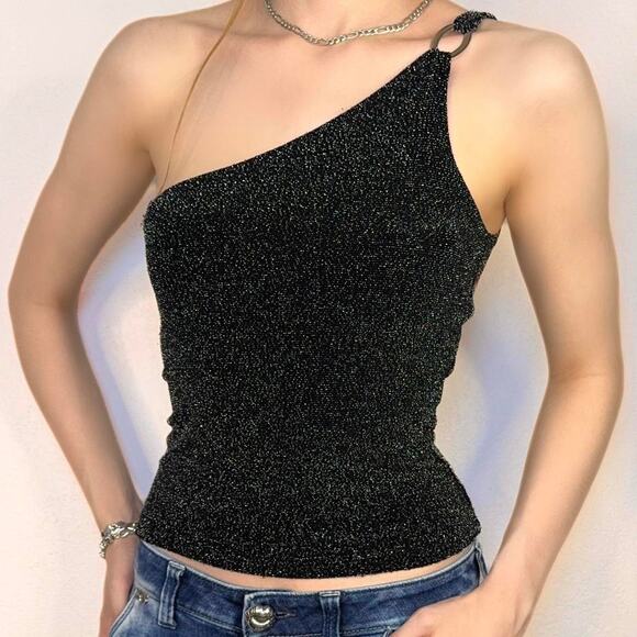 Y2K Black Glitter One Shoulder Ring Strap Tank Top Going Out Club Party - Picture 1 of 6